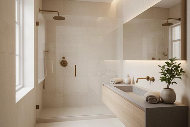 Spa-style bathroom remodel with pale tile, frameless glass shower, brass fixtures, and floating vanity