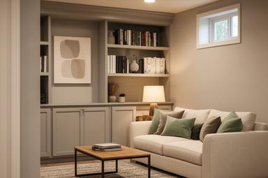 Finished basement lounge with built-in shelves and soft neutral wall paint