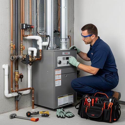 Technician servicing a residential furnace beside organised plumbing and electrical equipment
