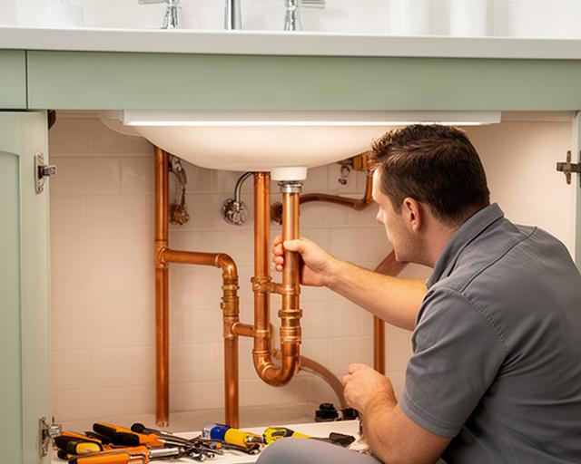 Master plumber checking copper pipes beneath a renovated Montreal bathroom
