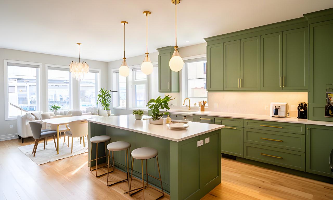 Bright Montreal kitchen with green cabinetry, quartz counters, warm wood flooring, and pendant lighting