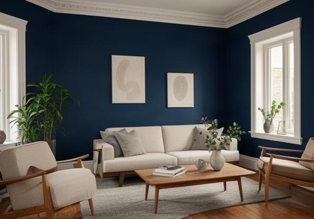 Freshly painted living room with deep blue accent wall and restored trim in Le Plateau