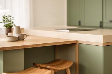 Renovated kitchen island with oak stools and matte green cabinets