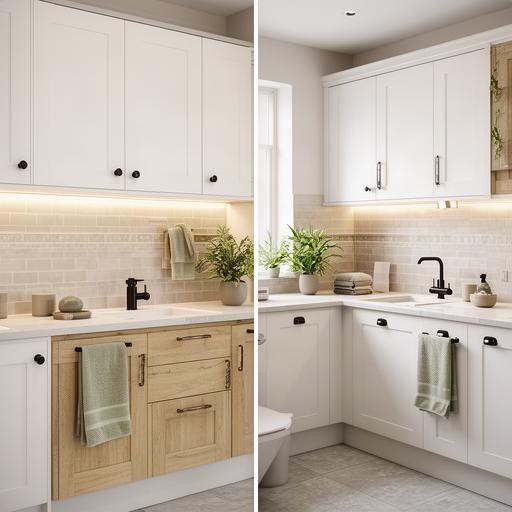 Custom kitchen and bathroom renovation with new cabinetry, tile and modern fixtures