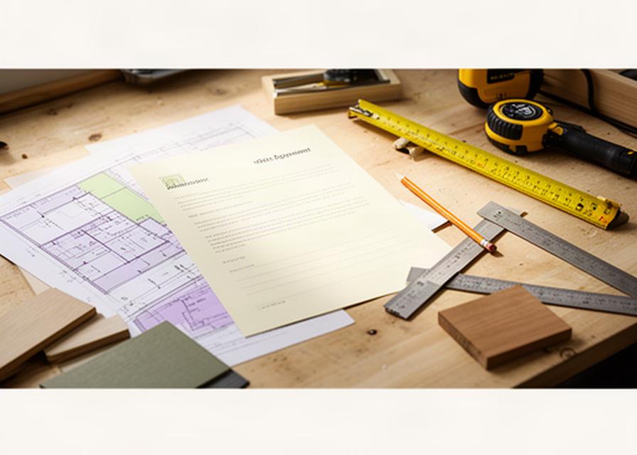 Printed service agreement beside a measuring tape and renovation plans on a Montreal workbench