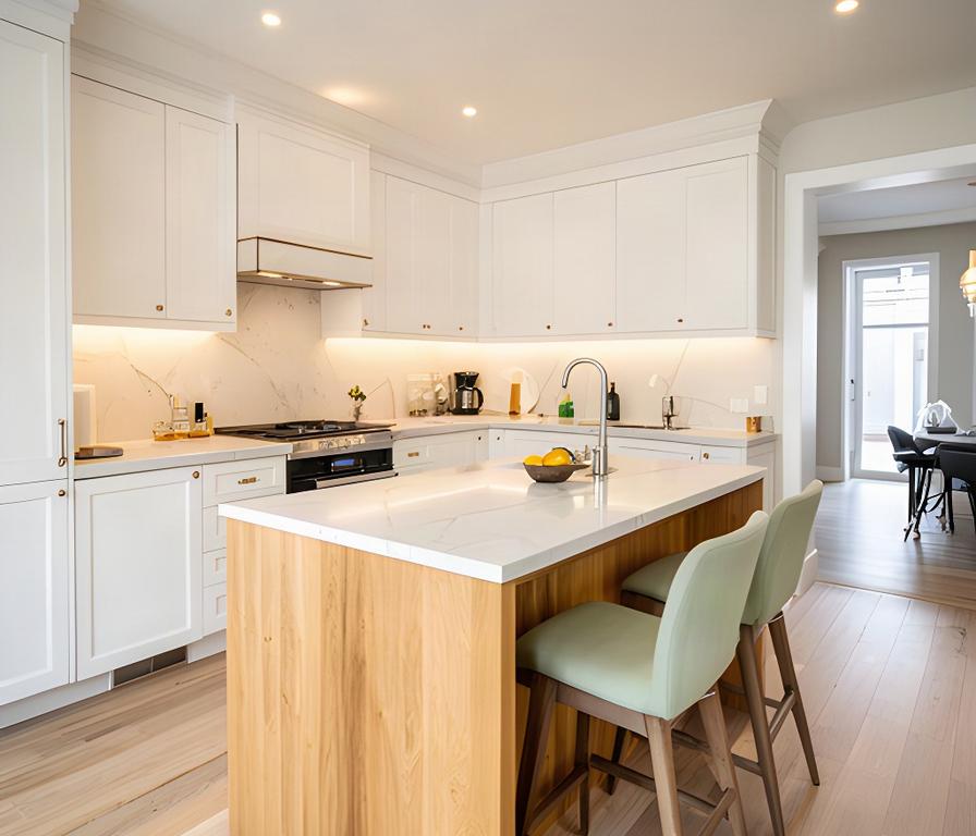 Bright Montreal kitchen renovation with white cabinetry, oak island and polished finishes