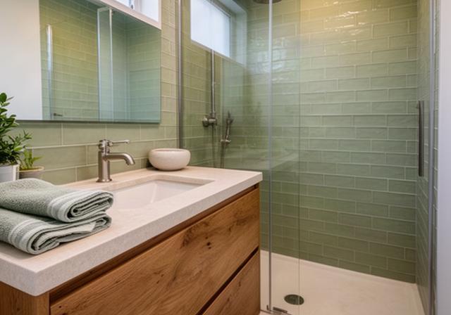 Calm bathroom renovation with green tile, oak vanity, and glass shower in Verdun