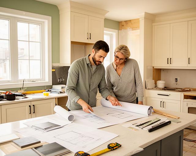 Project manager reviewing renovation plans with a homeowner in Montreal