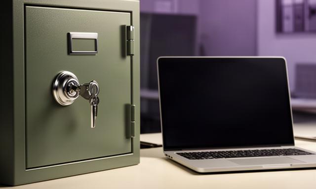 Locked filing cabinet beside a laptop with protected customer records