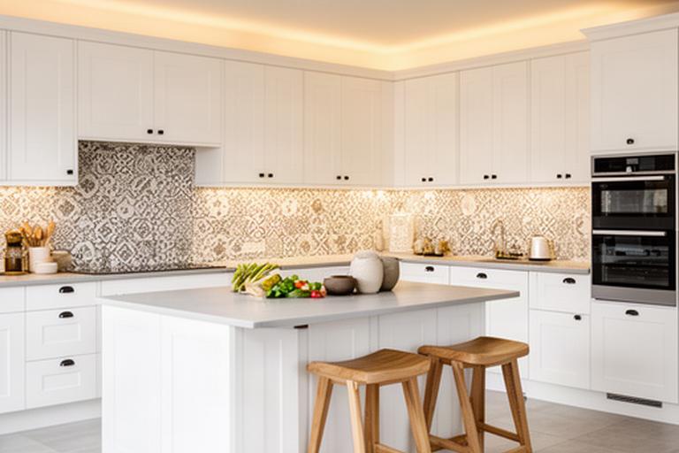 Custom kitchen renovation with white cabinets, patterned backsplash, and a newly fitted island