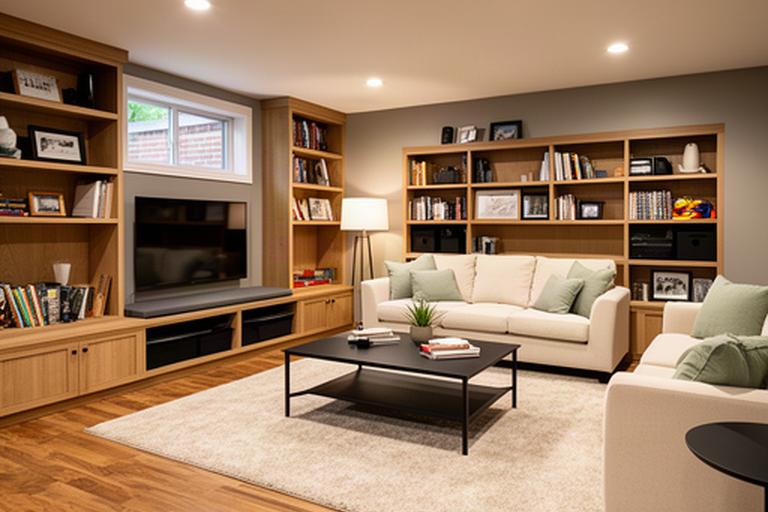 Finished Montreal basement with built-in storage, recessed lighting, and a warm family seating area