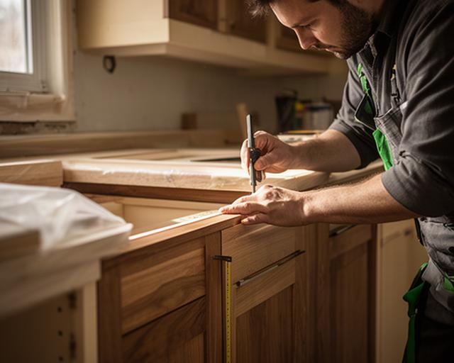 Lead carpenter measuring custom woodwork during a Montreal kitchen renovation