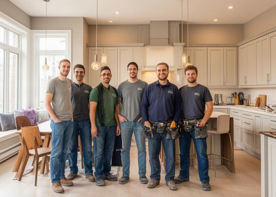 Montreal renovation team standing together inside a bright completed home renovation