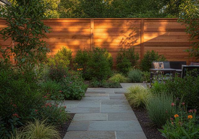 Finished backyard landscaping with stone path, planted beds, and cedar fence in Rosemont