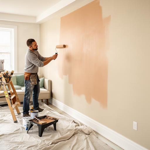 Painter applying a clean warm wall colour in a renovated Montreal living room