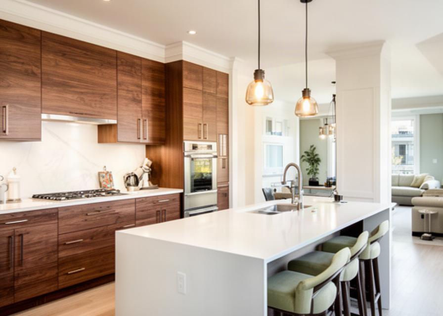 Bright modern kitchen renovation with walnut cabinets, white counters, and pendant lights in Montreal