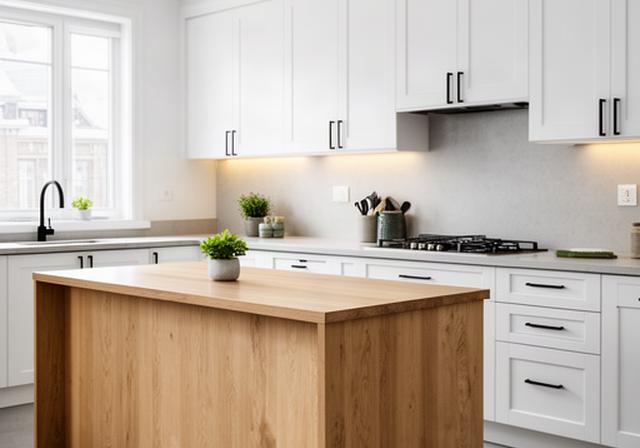 Modern white kitchen with oak island and black fixtures in NDG, Montreal