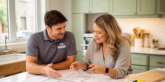 Licensed home service professional reviewing renovation plans in a Montreal townhouse